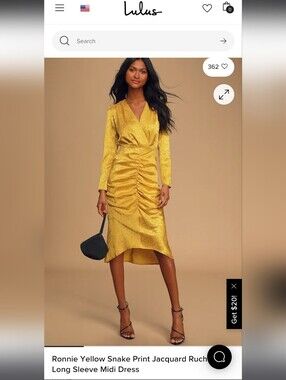 WAYF Ronnie Ruched Long Sleeve Yellow Snake Print Midi Dress